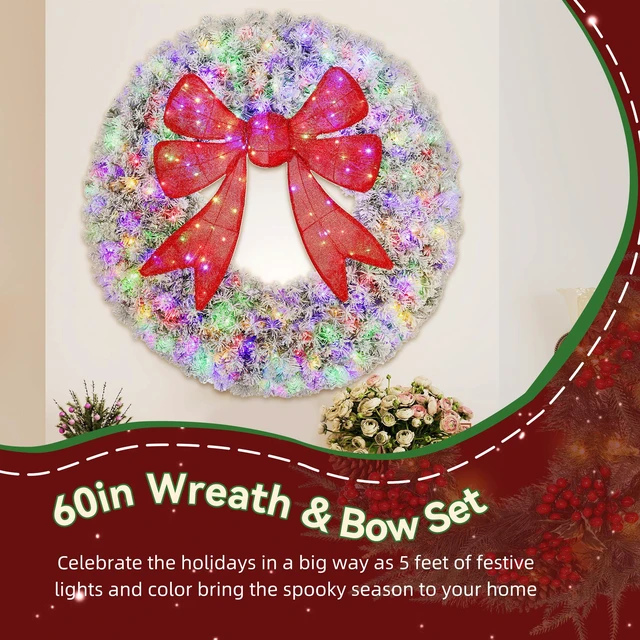 Alt view image 6 of 7 - 60 in Flocked Pre Lit Artificial Christmas Wreath with Bow, Lighting Modes Front Door Christmas Wreath with Remote LED