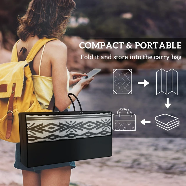 Alt view image 3 of 7 - Reversible Outdoor Rug Carpet with USB Lights, 10 Plastic Straw Rug Patio Mat Portable Camping Mat with Carry Bag