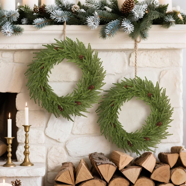 Alt view image 2 of 7 - 24 Inch Christmas Wreath with Cones, Artificial Norfolk Wreath with Realistic Branches for Door Wall Window Indoor