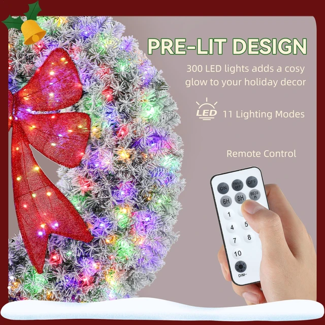 Alt view image 5 of 7 - 60 in Flocked Pre Lit Artificial Christmas Wreath with Bow, Lighting Modes Front Door Christmas Wreath with Remote LED