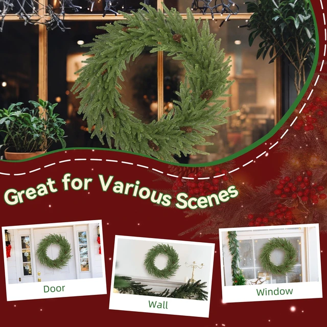 Alt view image 4 of 7 - 24 Inch Christmas Wreath with Cones, Artificial Norfolk Wreath with Realistic Branches for Door Wall Window Indoor