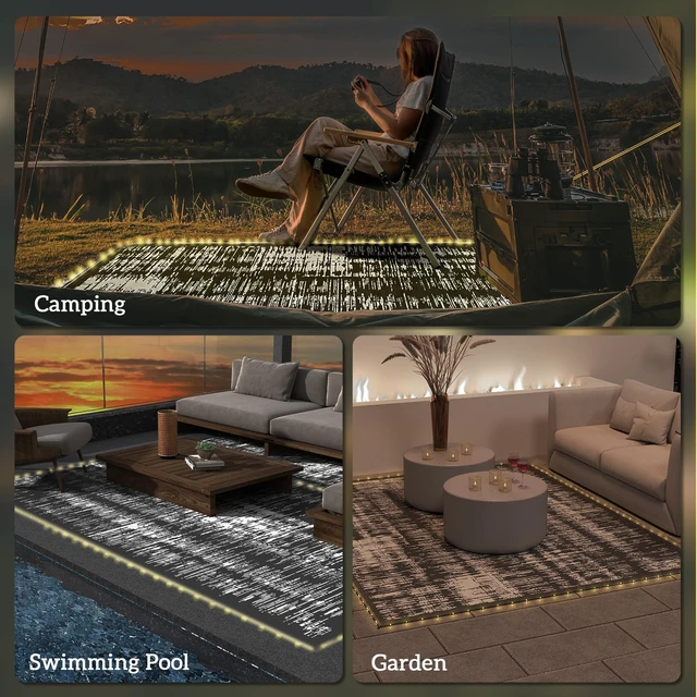 Alt view image 2 of 7 - Reversible Outdoor Rug Carpet with LED Lights, 10 Straw Rug Portable Floor Mat with Carry Bag and Ground Stakes