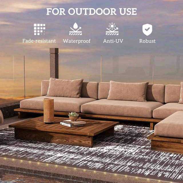Alt view image 4 of 7 - Reversible Outdoor Rug Carpet with LED Lights, 10 Straw Rug Portable Floor Mat with Carry Bag and Ground Stakes