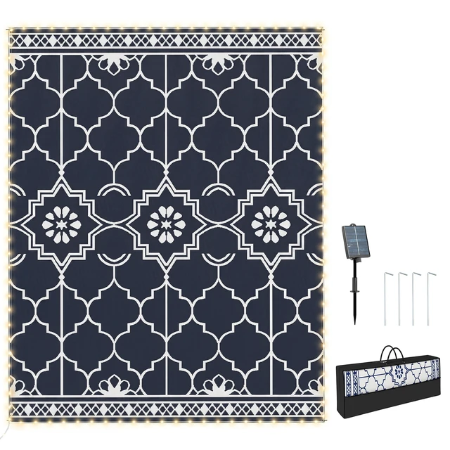 Main image of Reversible Outdoor Rug Carpet with LED Lights, 10 Straw Rug Portable Camping Mat with Carry Bag and Ground Stakes