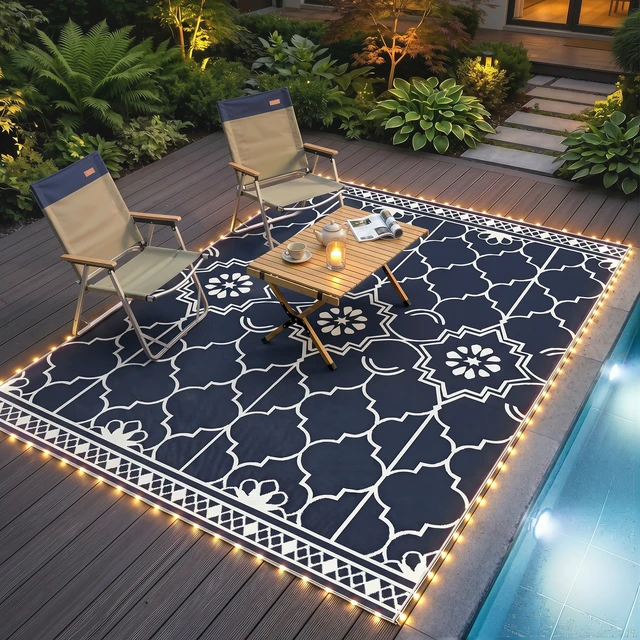 Alt view image 2 of 7 - Reversible Outdoor Rug Carpet with LED Lights, 10 Straw Rug Portable Camping Mat with Carry Bag and Ground Stakes