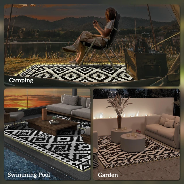Alt view image 2 of 7 - Reversible Outdoor Rug Carpet, 10 Waterproof Plastic Straw Rug Portable Camping Mat with LED String Lights Floor Mat