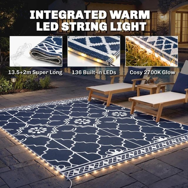 Alt view image 5 of 7 - Reversible Outdoor Rug Carpet with LED Lights, 10 Straw Rug Portable Camping Mat with Carry Bag and Ground Stakes