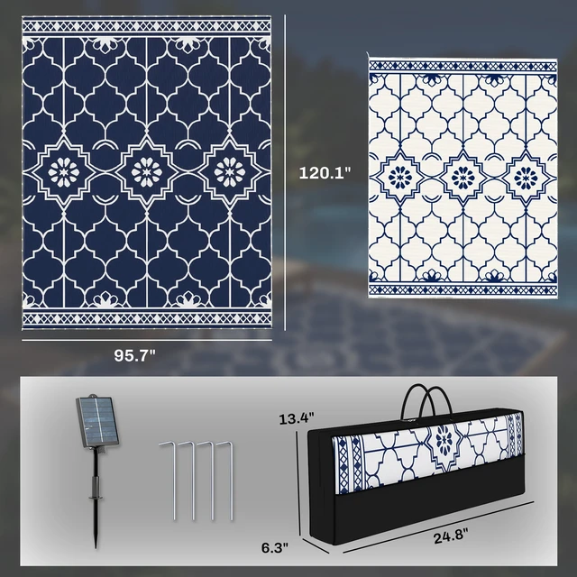 Alt view image 7 of 7 - Reversible Outdoor Rug Carpet with LED Lights, 10 Straw Rug Portable Camping Mat with Carry Bag and Ground Stakes