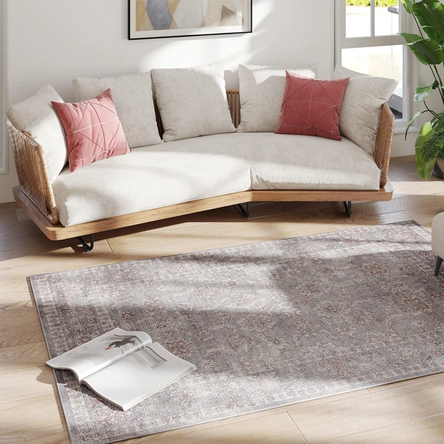 Alt view image 2 of 7 - Area Rug 4, Machine Washable Rug Non-Slip Flower Print Floor Cover Foldable Carpet for Living Dining, Brown Grey