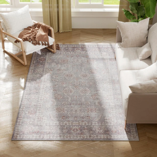 Main image of Area Rug 4, Machine Washable Rug Non-Slip Flower Print Floor Cover Foldable Carpet for Living Dining, Brown Grey