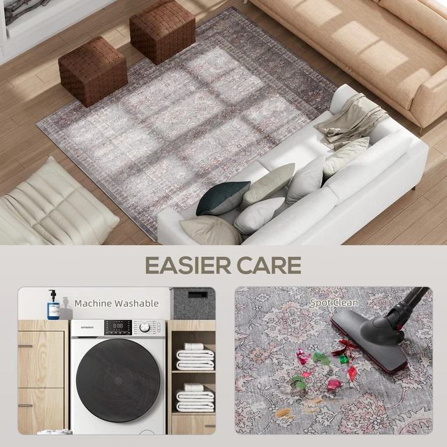 Alt view image 5 of 7 - Area Rug 4, Machine Washable Rug Non-Slip Flower Print Floor Cover Foldable Carpet for Living Dining, Brown Grey