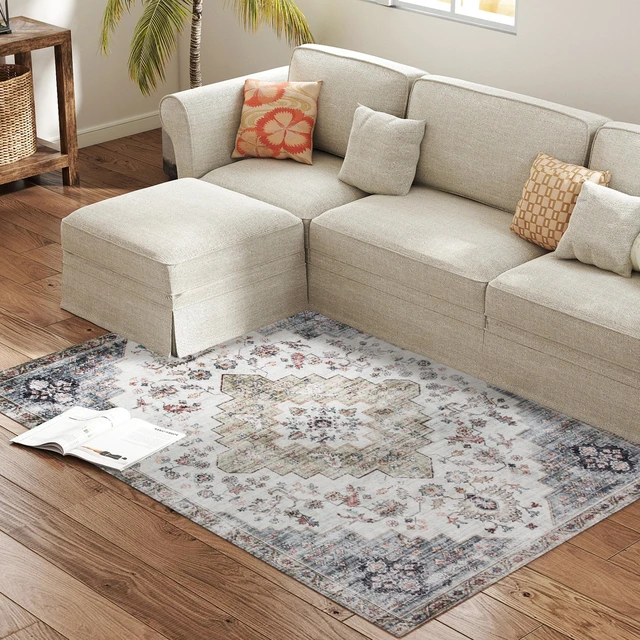 Main image of Machine Washable Area Rug, 4 Oriental Medallion Distressed Rugs for Living Non-Slip Low Pile Carpet for Dining Soft