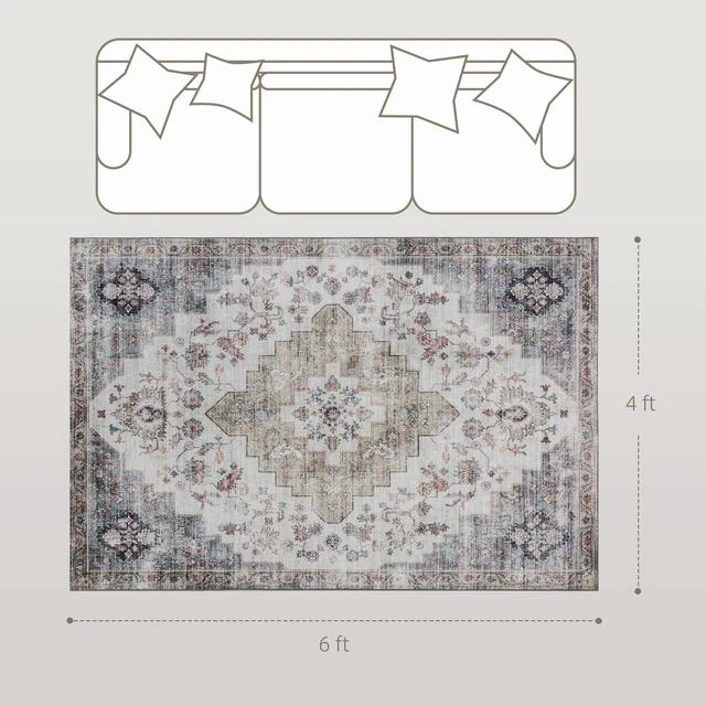 Alt view image 7 of 7 - Machine Washable Area Rug, 4 Oriental Medallion Distressed Rugs for Living Non-Slip Low Pile Carpet for Dining Soft