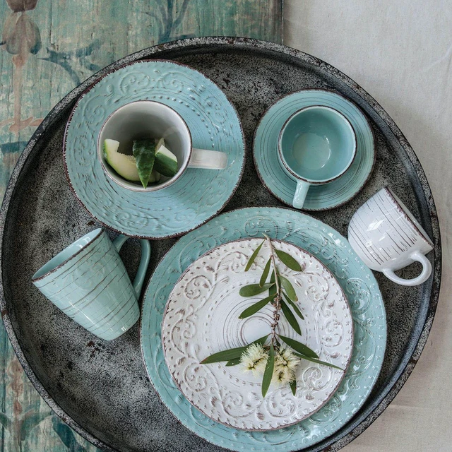 Alt view image 5 of 5 - 3 Inch Flare Serving Bowl, Antiqued Set, Aqua, Ceramic