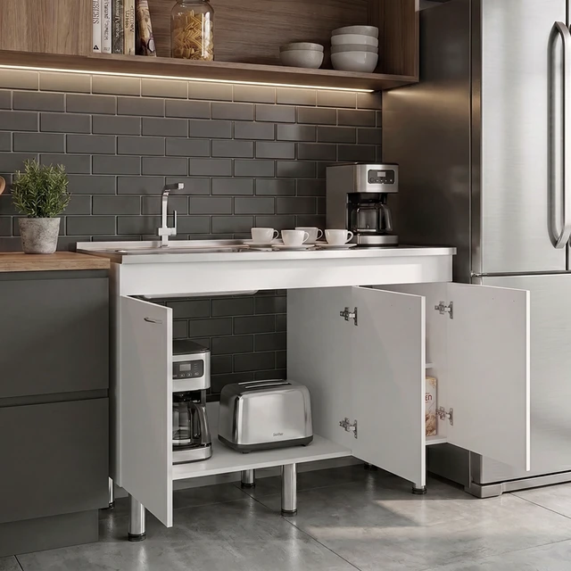 Alt view image 2 of 7 - Base Utility Sink with Stainless Steel Sink and 3 Door Freestanding Storage Cabinet, White, Particle Board, Kitchen