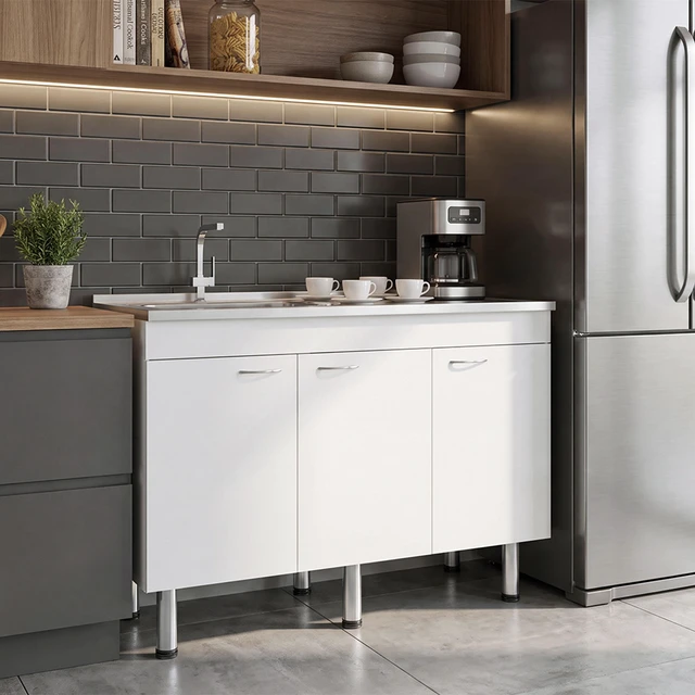 Main image of Base Utility Sink with Stainless Steel Sink and 3 Door Freestanding Storage Cabinet, White, Particle Board, Kitchen