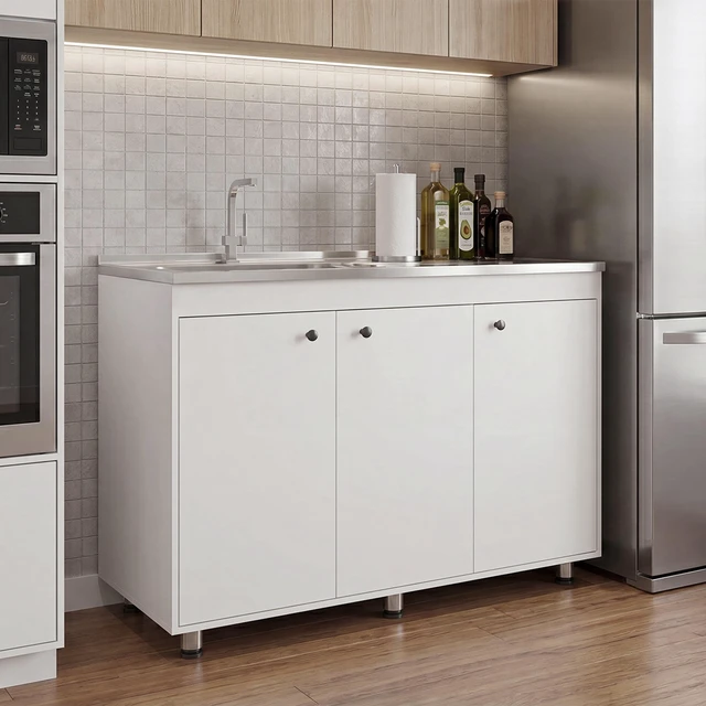 Main image of Base Utility Sink Cabinet with Stainless Steel Counter Top, 3 Door Cabinet with Interior Storage Shelves, White