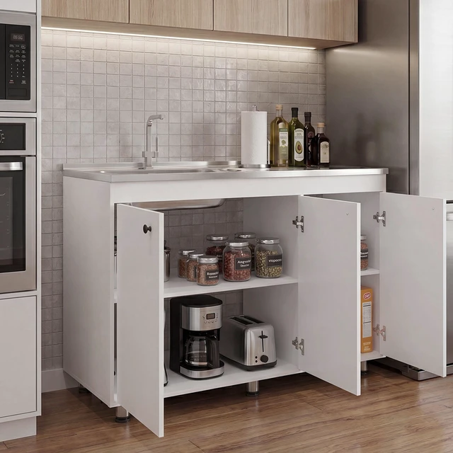 Alt view image 2 of 7 - Base Utility Sink Cabinet with Stainless Steel Counter Top, 3 Door Cabinet with Interior Storage Shelves, White
