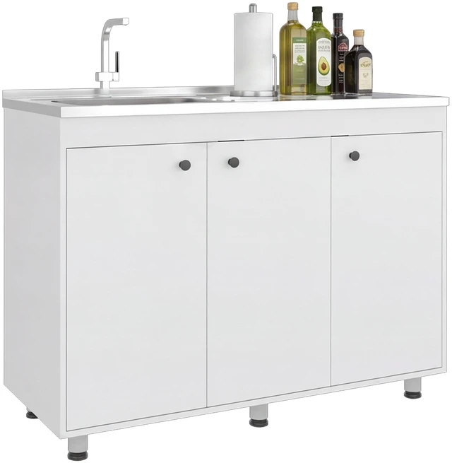 Alt view image 5 of 7 - Base Utility Sink Cabinet with Stainless Steel Counter Top, 3 Door Cabinet with Interior Storage Shelves, White