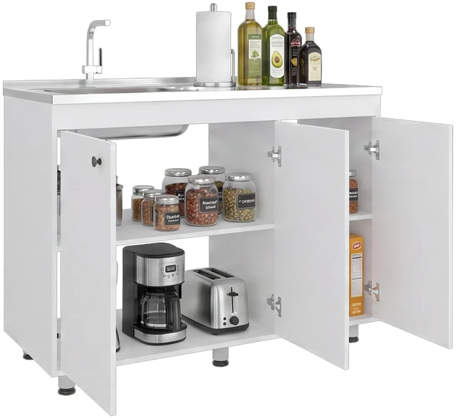 Alt view image 3 of 7 - Base Utility Sink Cabinet with Stainless Steel Counter Top, 3 Door Cabinet with Interior Storage Shelves, White