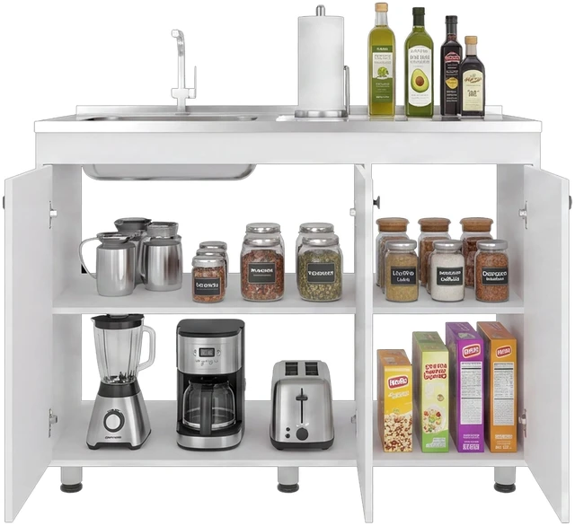 Alt view image 7 of 7 - Base Utility Sink Cabinet with Stainless Steel Counter Top, 3 Door Cabinet with Interior Storage Shelves, White