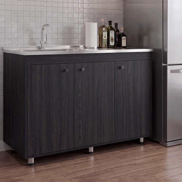Main image of Base Utility Sink Cabinet with Stainless Steel Counter Top, 3 Door Cabinet with Interior Storage Shelves, Dark Brown