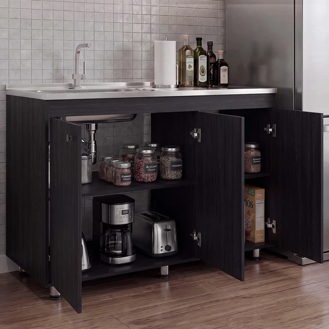 Alt view image 2 of 7 - Base Utility Sink Cabinet with Stainless Steel Counter Top, 3 Door Cabinet with Interior Storage Shelves, Dark Brown