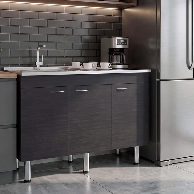 Main image of Base Utility Sink with Stainless Steel Sink and 3 Door Freestanding Storage Cabinet, Dark Brown, Particle Board, Kitchen