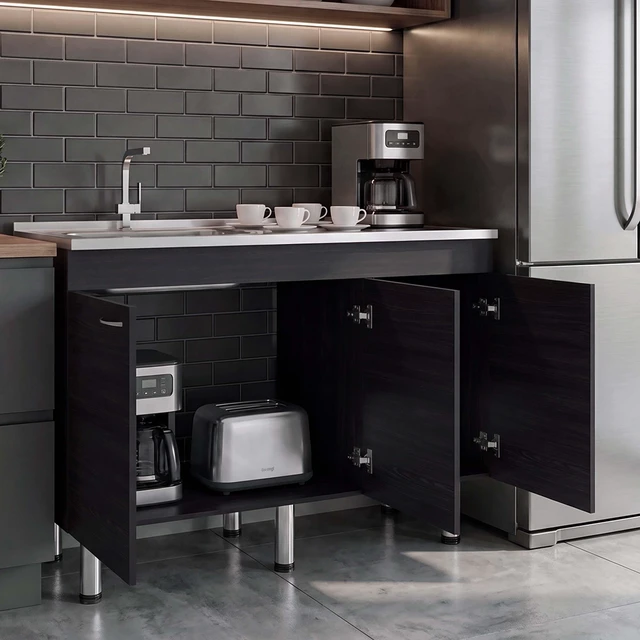 Alt view image 2 of 7 - Base Utility Sink with Stainless Steel Sink and 3 Door Freestanding Storage Cabinet, Dark Brown, Particle Board, Kitchen