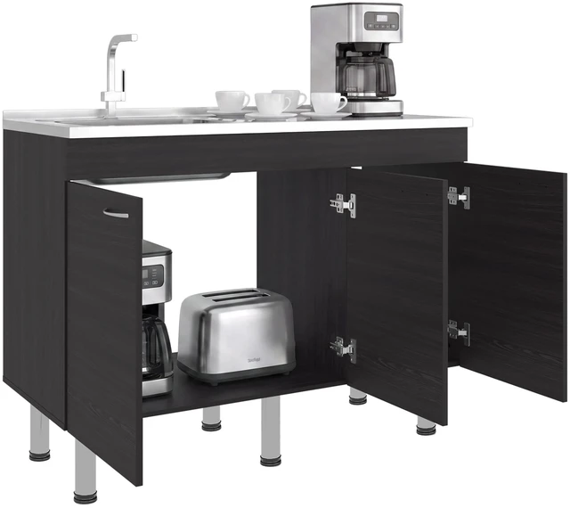 Alt view image 4 of 7 - Base Utility Sink with Stainless Steel Sink and 3 Door Freestanding Storage Cabinet, Dark Brown, Particle Board, Kitchen