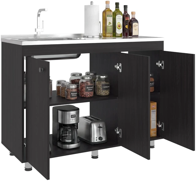 Alt view image 5 of 7 - Base Utility Sink Cabinet with Stainless Steel Counter Top, 3 Door Cabinet with Interior Storage Shelves, Dark Brown