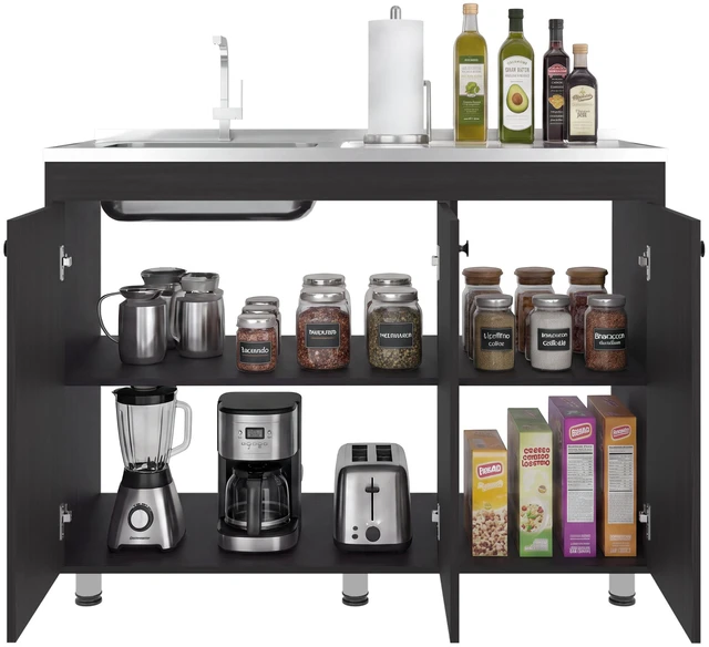Alt view image 7 of 7 - Base Utility Sink Cabinet with Stainless Steel Counter Top, 3 Door Cabinet with Interior Storage Shelves, Dark Brown