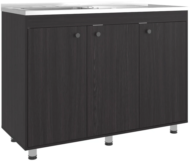 Alt view image 3 of 7 - Base Utility Sink Cabinet with Stainless Steel Counter Top, 3 Door Cabinet with Interior Storage Shelves, Dark Brown
