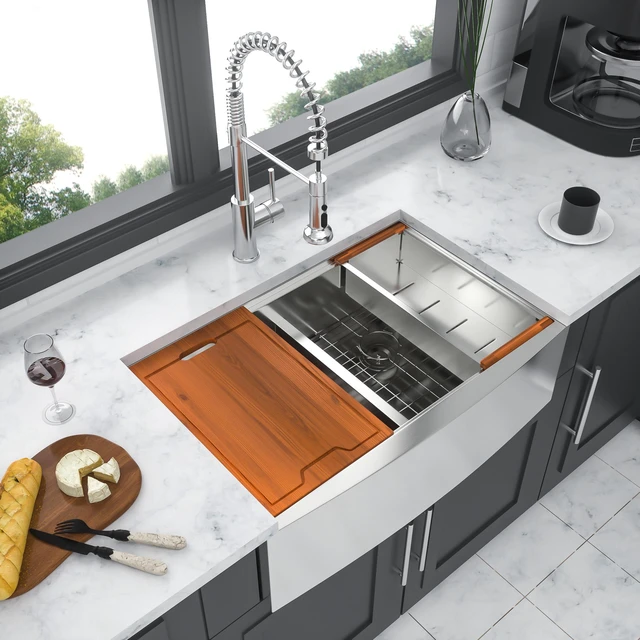 Main image of Double Bowl Sink Workstation 36 Inch Kitchen Sink Stainless Steel Gauge Apron Front Kitchen Brushed Nickel