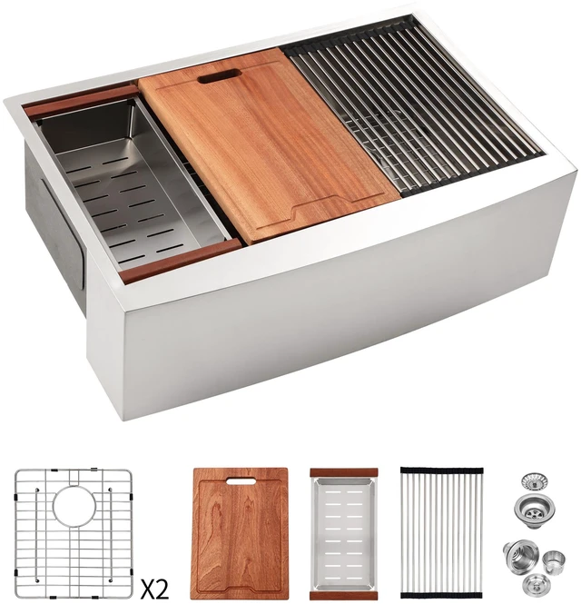 Alt view image 4 of 7 - Double Bowl Sink Workstation 36 Inch Kitchen Sink Stainless Steel Gauge Apron Front Kitchen Brushed Nickel