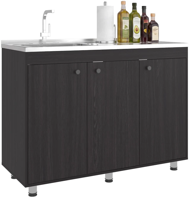 Alt view image 5 of 7 - Base Utility Sink Cabinet with Stainless Steel Counter Top, 3 Door Cabinet with Interior Storage Shelves, Dark Brown