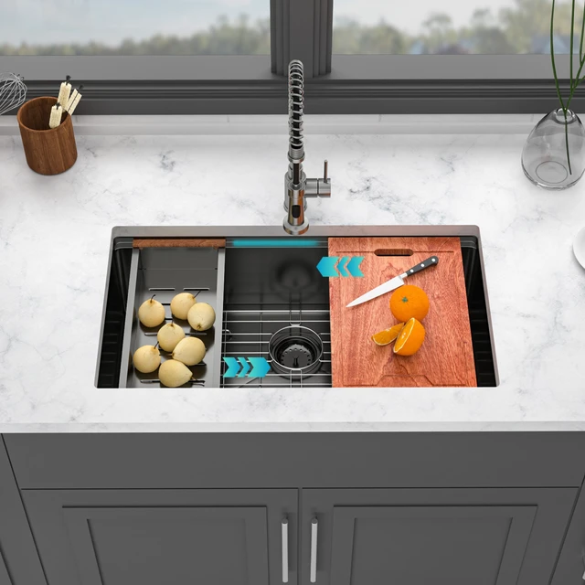 Alt view image 4 of 7 - Gunmetal Workstation Kitchen Sink Inchx 10 Inch Single Bowl Workstation Undermount Kitchen Sink Gauge Stainless