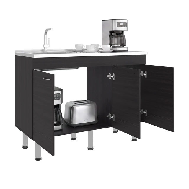 Alt view image 5 of 7 - Base Utility Sink with Stainless Steel Sink and 3 Door Freestanding Storage Cabinet, Dark Brown, Particle Board, Kitchen
