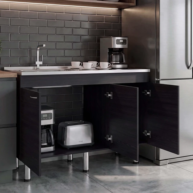 Alt view image 2 of 7 - Base Utility Sink with Stainless Steel Sink and 3 Door Freestanding Storage Cabinet, Dark Brown, Particle Board, Kitchen