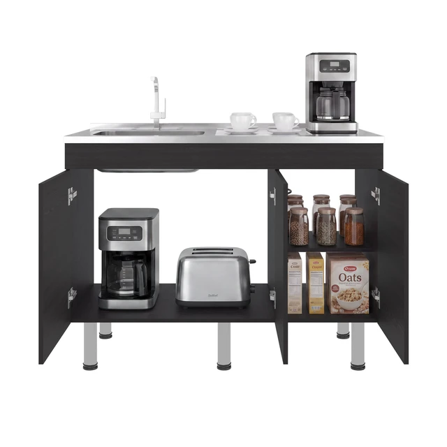 Alt view image 6 of 7 - Base Utility Sink with Stainless Steel Sink and 3 Door Freestanding Storage Cabinet, Dark Brown, Particle Board, Kitchen