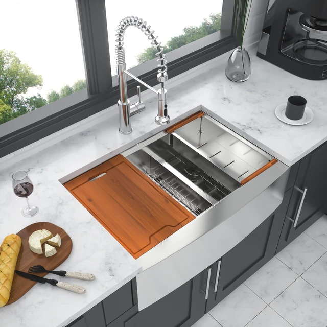 Main image of Double Bowl Sink Workstation 36 Inch Kitchen Sink Stainless Steel Gauge Apron Front Kitchen Brushed Nickel