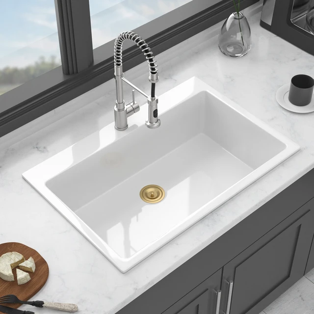 Main image of Fireclay Drop in Kitchen Sink Inchx 10 Inch Rectangular Single Bowl Basin for Countertop Installation, White