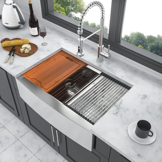 Alt view image 3 of 7 - Double Bowl Sink Workstation 36 Inch Kitchen Sink Stainless Steel Gauge Apron Front Kitchen Brushed Nickel