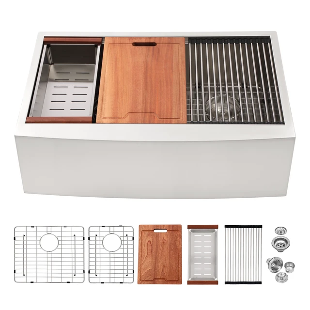 Alt view image 4 of 7 - Double Bowl Sink Workstation 36 Inch Kitchen Sink Stainless Steel Gauge Apron Front Kitchen Brushed Nickel
