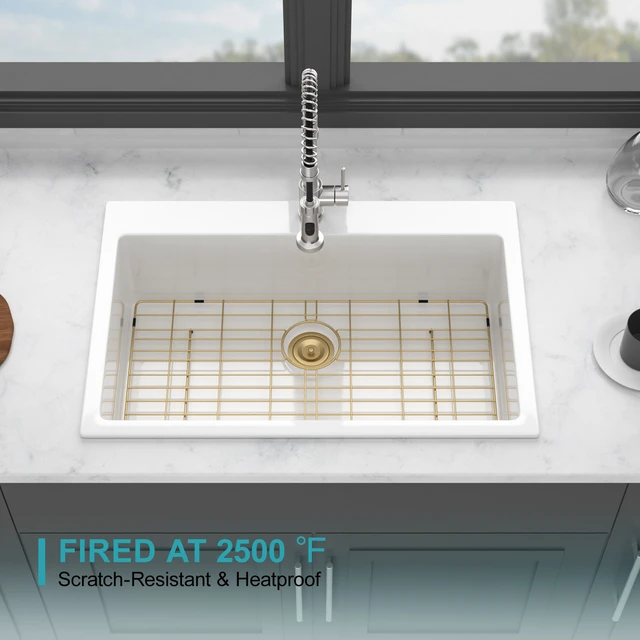 Alt view image 7 of 7 - Fireclay Drop in Kitchen Sink Inchx 10 Inch Rectangular Single Bowl Basin for Countertop Installation, White