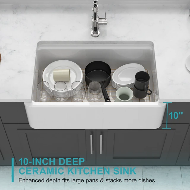 Alt view image 5 of 7 - Inchx 10 Inch Ceramic Apron Front Single Bowl Kitchen Sink, White