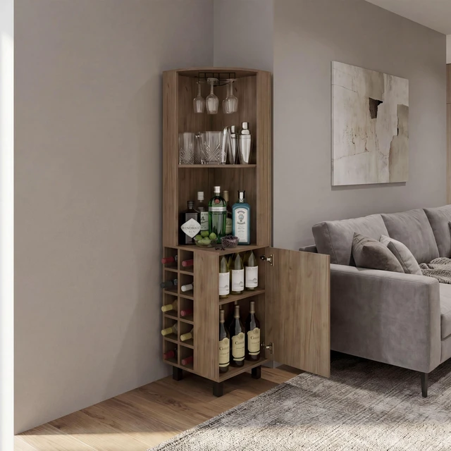 Alt view image 2 of 7 - Corner Bar Cabinet with Wine Cubbies, Stemware Rack and 4 Shelves, Light Oak, Particle Board