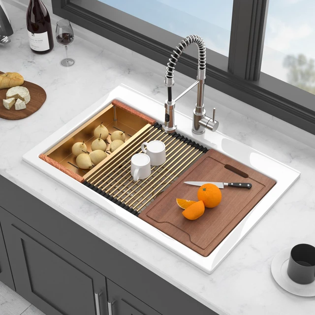 Main image of Fireclay Drop in Kitchen Sink Inchx 10 Inch Rectangular Single Bowl Basin with Built in Accessories for Kitchen