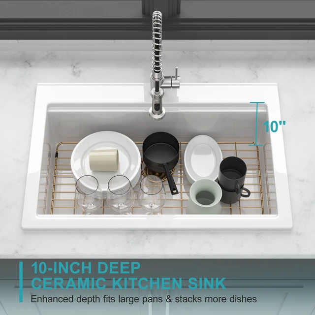 Alt view image 5 of 7 - Fireclay Drop in Kitchen Sink Inchx 10 Inch Rectangular Single Bowl Basin with Built in Accessories for Kitchen