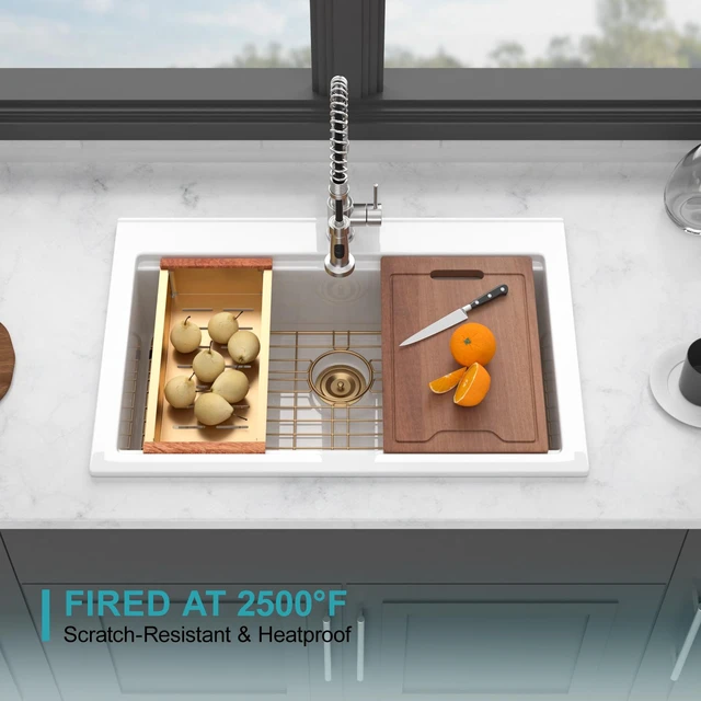 Alt view image 6 of 7 - Fireclay Drop in Kitchen Sink Inchx 10 Inch Rectangular Single Bowl Basin with Built in Accessories for Kitchen